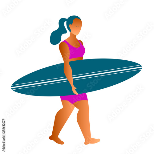 Girl surfer in a bathing suit goes with a surf board, isolated illustration © anngolovko