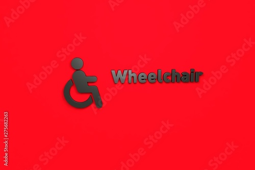 3D illustration of Wheelchair, dark color and dark text with red background.