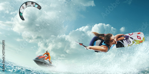 Kite surfing and water scooter in tropical ocean. © VIAR PRO studio