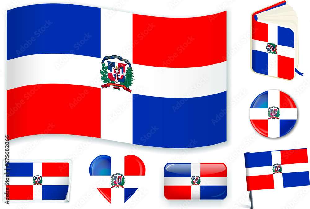 Dominican Republic flag wave, book, circle, pin, button, heart and sticker. Dominican Republic flag wave, book, circle, pin, button, heart and sticker.