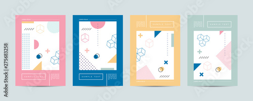 Placard templates set with abstract shapes, 80s memphis geometric style flat and line design elements. Retro art for covers, banners, flyers and posters. Eps10 vector illustrations