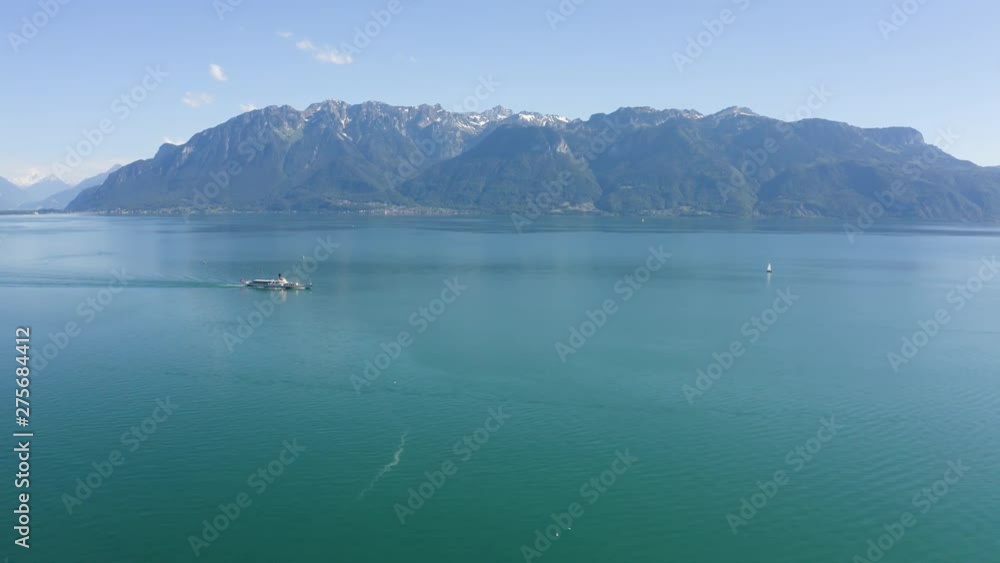 Aerial pan above Lake Leman, following Belle-Epoque steamboat. Switzerland Aerial pan above Lake Leman, following Belle-Epoque steamboat. Switzerland