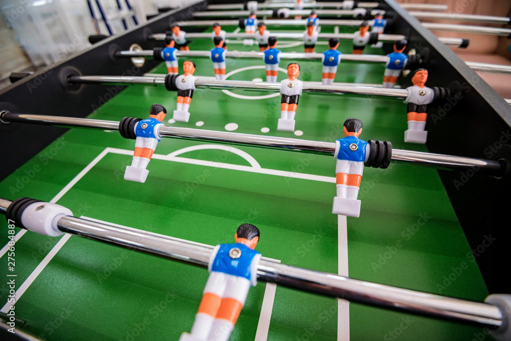 Close up plastic table football game at entertainment center Close up plastic table football game at entertainment center