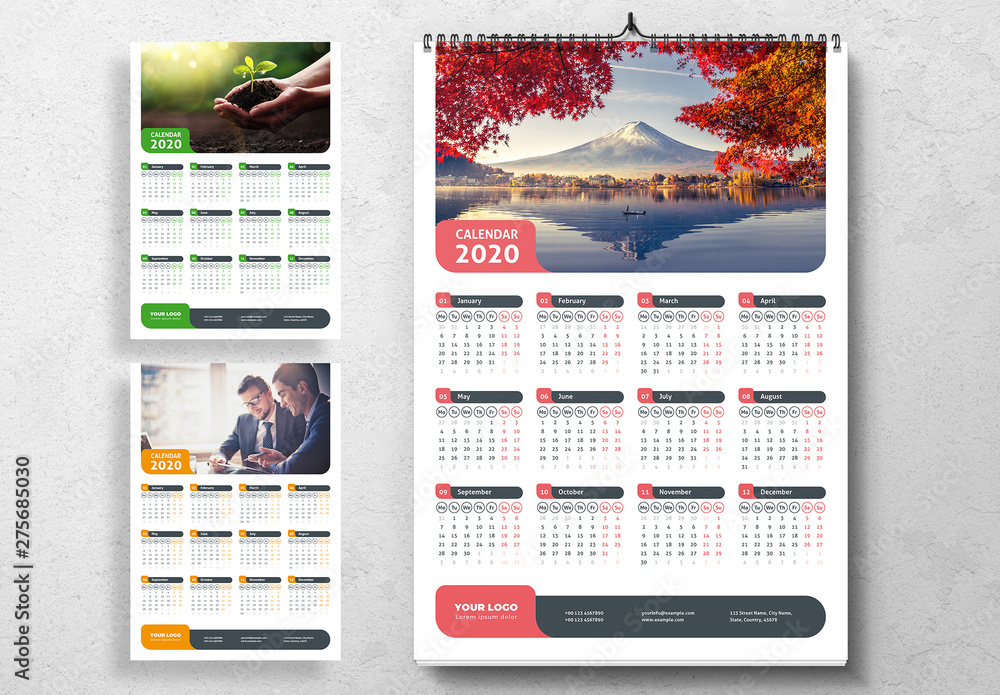 2020 Wall Calendar Layout with Colorful Accents Stock Template | Adobe ...