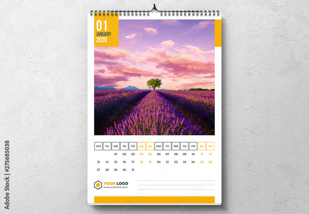 2020 Wall Calendar Layout with Colorful Accents Stock Template | Adobe ...