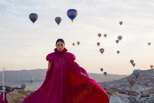 sexy young girl in a long purple dress stands on a mountain against