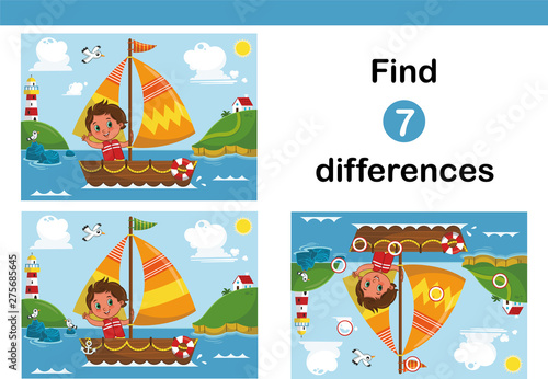 Find 7 differences education game for children, featuring a little sailor boy on the sailboat. Vector illustration.