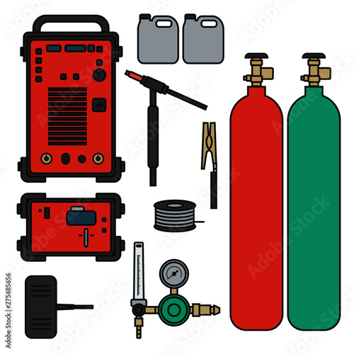 set of vector illustration gas welding argon machine with regulator tank torch for industrial construction and metal working flat design style