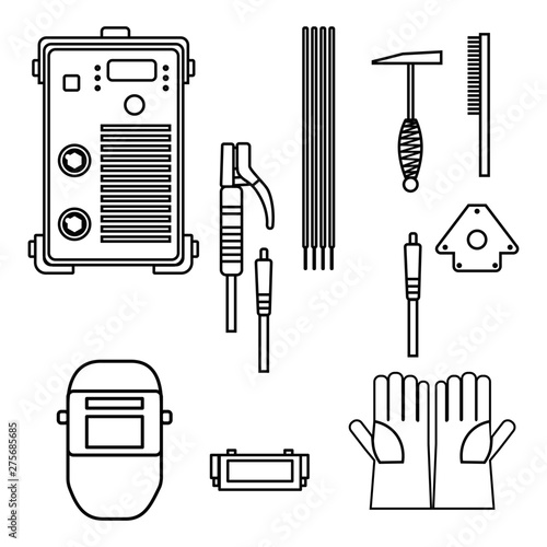set of vector illustration welding arc equipment machine glove helmet holder hammer for industrial construction and metal working flat silhouette design style