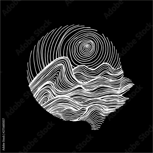 Black white illustration of sea waves and sky in hatching style. Tattoo idea. Chalk on a blackboard.