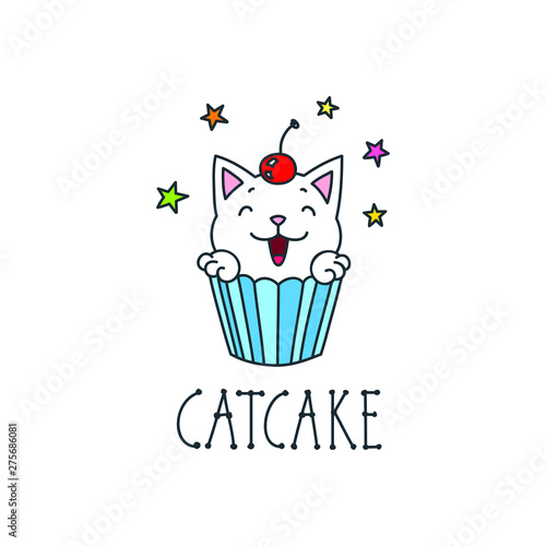 Catcake. Kawaii illustration of a cute cat cupcake. Vector 8 EPS.