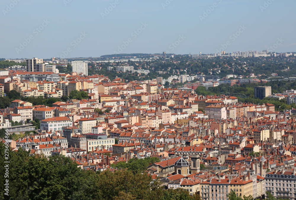 Panoramic view with many houses of Lyon city in France