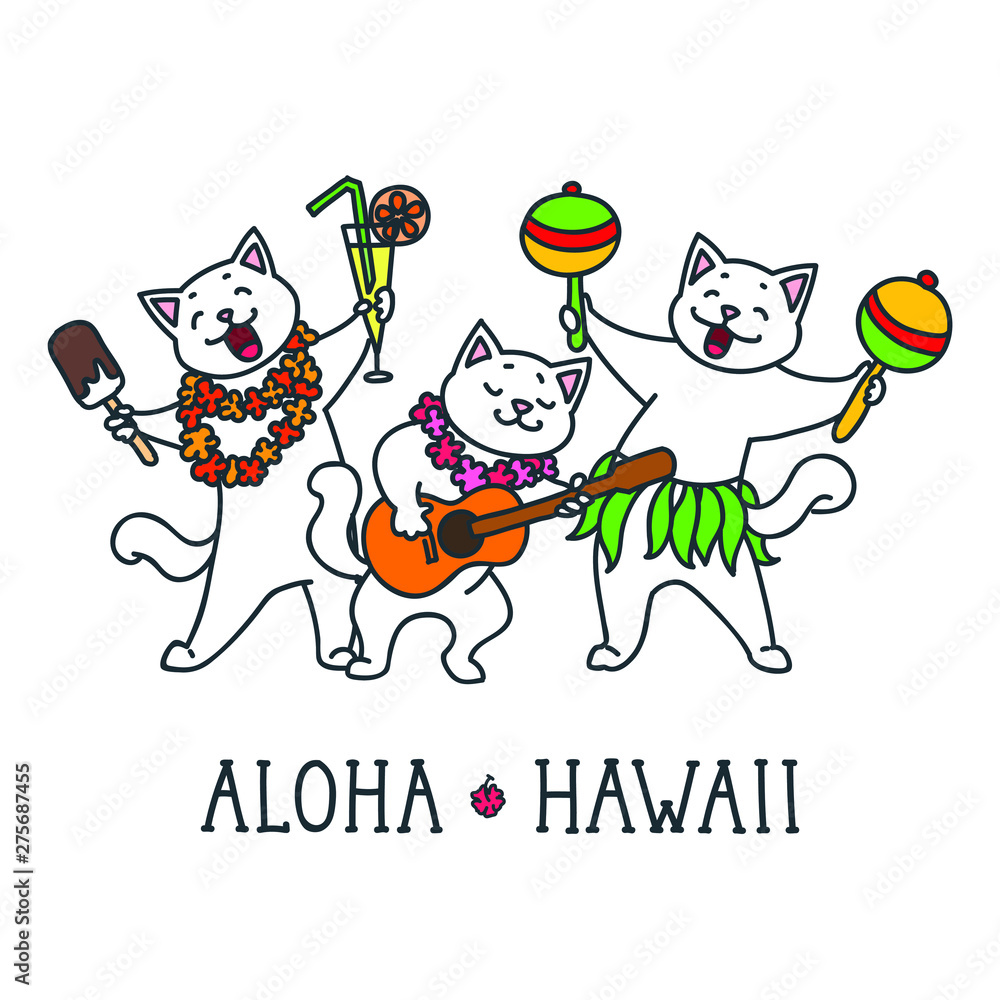 Obraz premium Aloha Hawaii. Cute cats having fun at a summer party. Doodle vector illustration