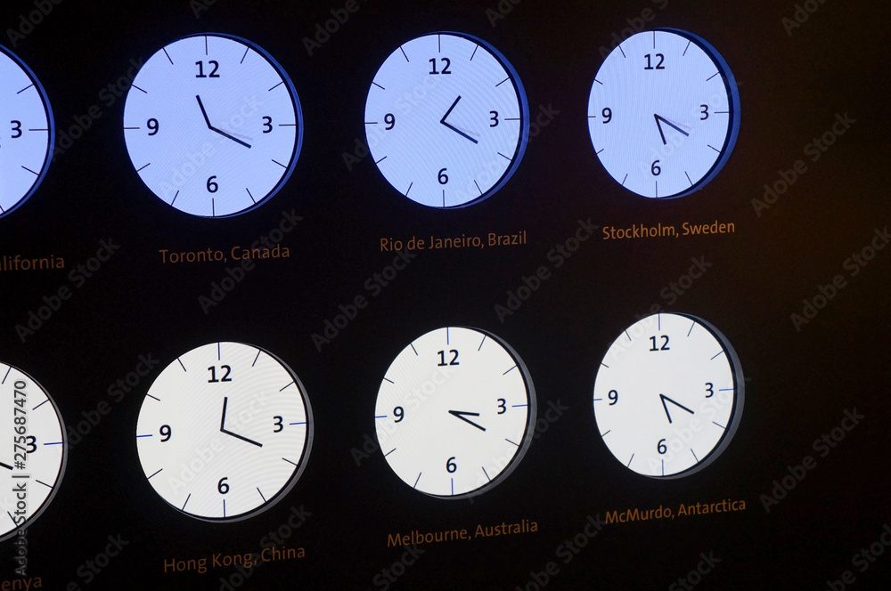 Watches showing the time in different places of the world at Griffith Observatory, Los Angeles, California, United States Watches showing the time in different places of the world at Griffith Observatory, Los Angeles, California, United States