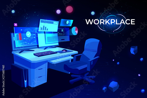 Workplace with computer table, Pc monitors and armchair, office desk or home working place for businessman, analyst or freelancer, neon glowing futuristic background Cartoon vector Illustration banner