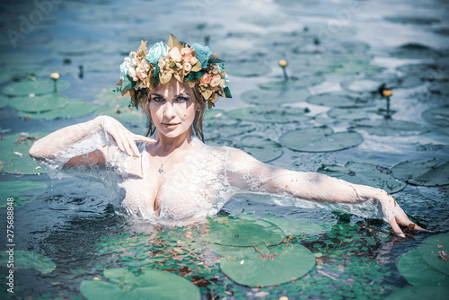 Fairy tales and folklore, image of the drowned Ophelia river maiden or mavka, Slavic and European tale 