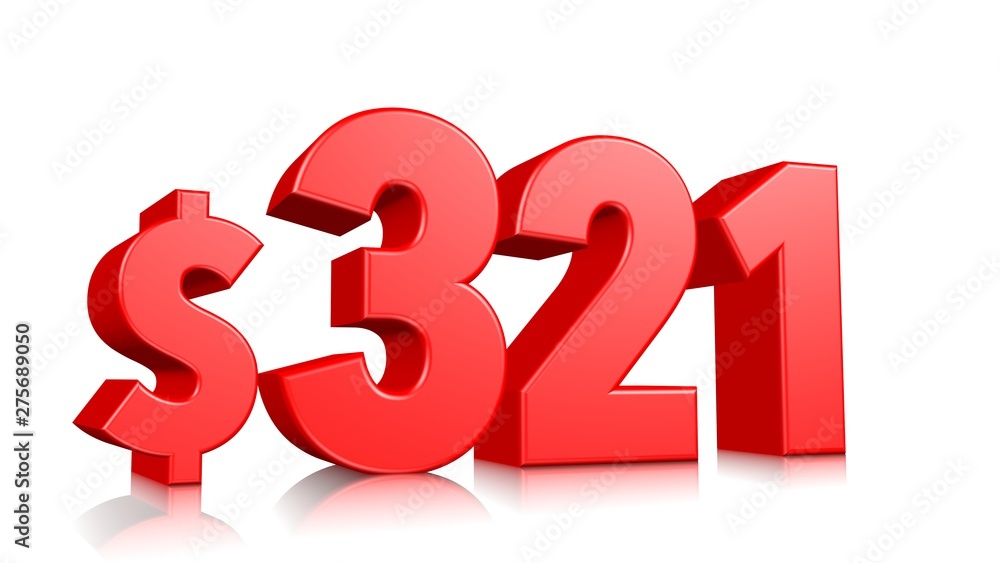 321$ Three hundred twenty-one price symbol. red text number 3d render with dollar sign on white background 321$ Three hundred twenty-one price symbol. red text number 3d render with dollar sign on white background