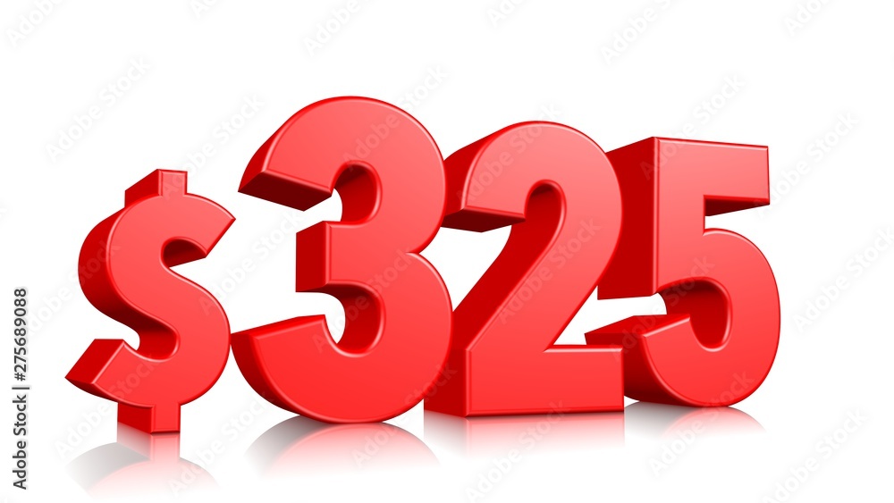 325$ Three hundred twenty-five price symbol. red text number 3d render with dollar sign on white background 325$ Three hundred twenty-five price symbol. red text number 3d render with dollar sign on white background