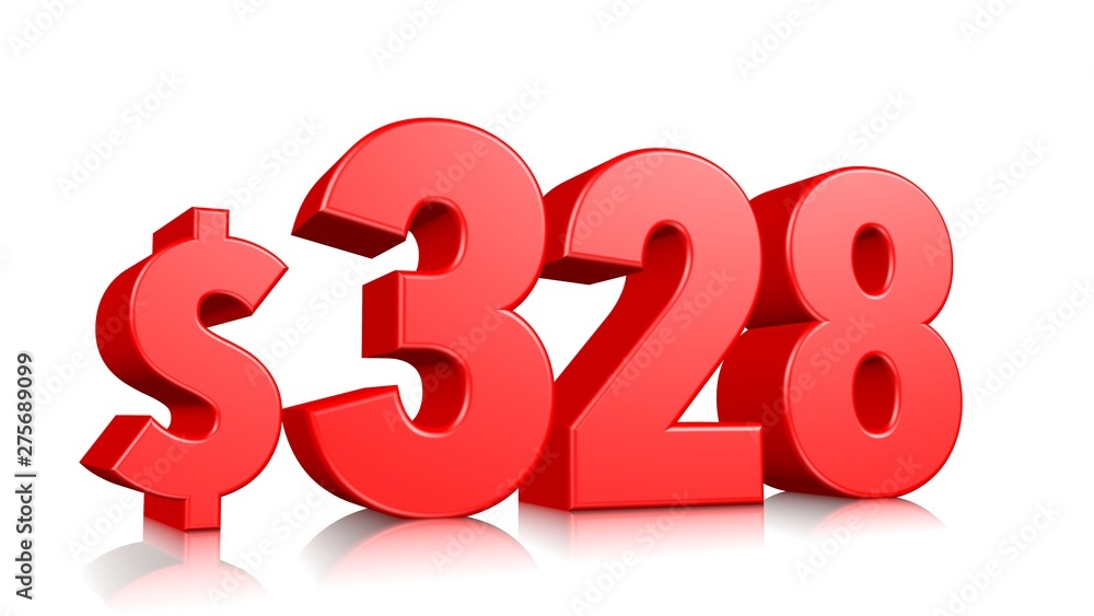 328$ Three hundred twenty-eight price symbol. red text number 3d render with dollar sign on white background 328$ Three hundred twenty-eight price symbol. red text number 3d render with dollar sign on white background