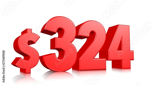 324$ Three hundred twenty-four price symbol. red text number 3d render with dollar sign on white background