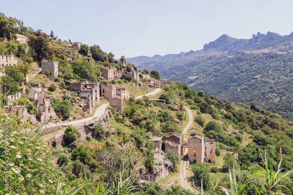 Abandoned mountain village Gairo Vecchio  destroyed by a flood and called Ghost Town. South Sardinia, Italy.