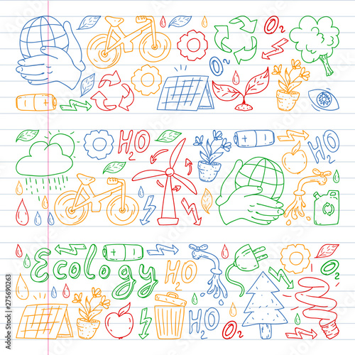 Vector logo, design and badge in trendy drawing style - zero waste concept, recycle and reuse, reduce - ecological lifestyle and sustainable developments icons. Drawing on exercise book.