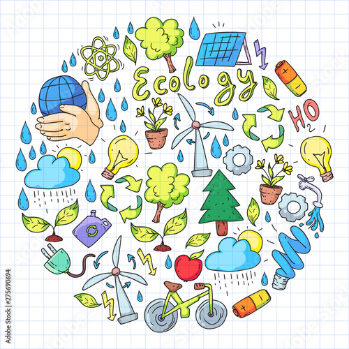 Vector logo, design and badge in trendy drawing style - zero waste concept, recycle and reuse, reduce - ecological lifestyle and sustainable developments icons. Drawing on squared notebook.