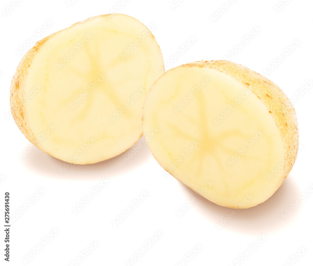 Two beautiful potatoes cut in half (slices). Isolated on white background