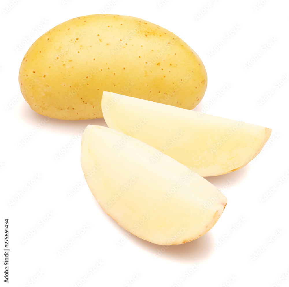 Beautiful whole potato with several segments (potato wedge). Isolated on white background Beautiful whole potato with several segments (potato wedge). Isolated on white background