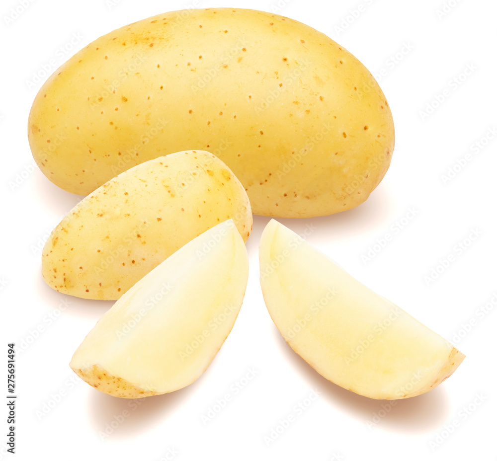 Beautiful whole potato with several segments (potato wedge). Isolated on white background