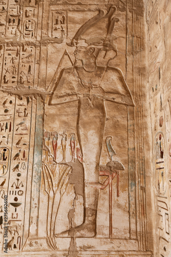 Fototapeta premium Egyptian Hieroglyphs in Medinet Habu Temple, Luxor, Egypt