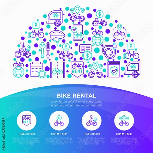 Bike rental concept in half circle with thin line icons: rates, bicycle tours, pet trailer, padlock, helmet, child seat, sharing, pointer, deposit, mobile app, cycling route. Vector illustration.