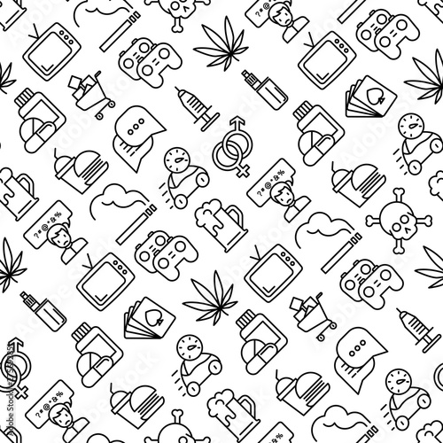 Bad habits seamless pattern with thin line icons: abuse, alcoholism, cigarette, marijuana, drugs, fast food, poker, promiscuity, tv, video games. Modern vector iilustration.