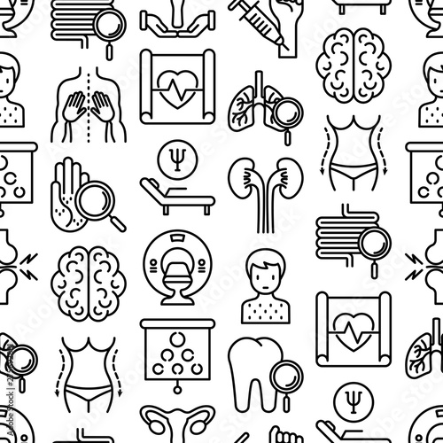 Hospital seamless pattern with thin line icons for doctor's notation: neurologist, gastroenterologist, manual therapy, ophtalmologist, cardiology, allergist, dermatologist. Vector illustration.