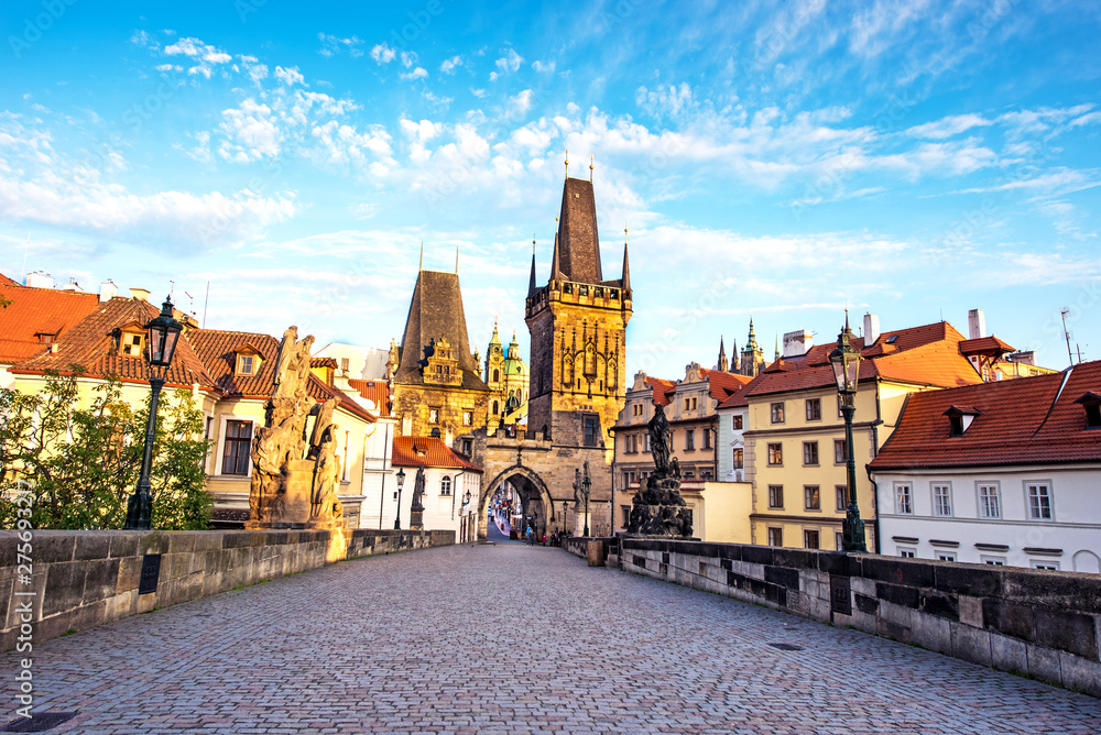Magical view from Charles Bridge to Old Town in Prague, Czech Republic on a sunny day