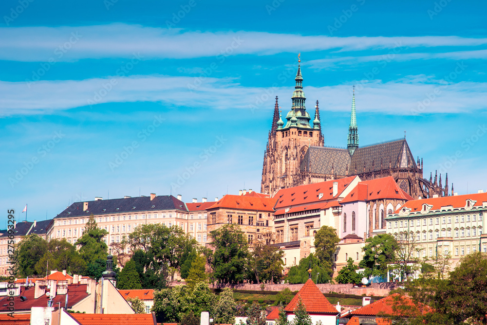 The beautiful landscape of the old town and the Hradcany (Prague Castle) with St. Vitus Cathedral and St. George church in Prague, Czech Republic. amazing places. popular tourist atraction