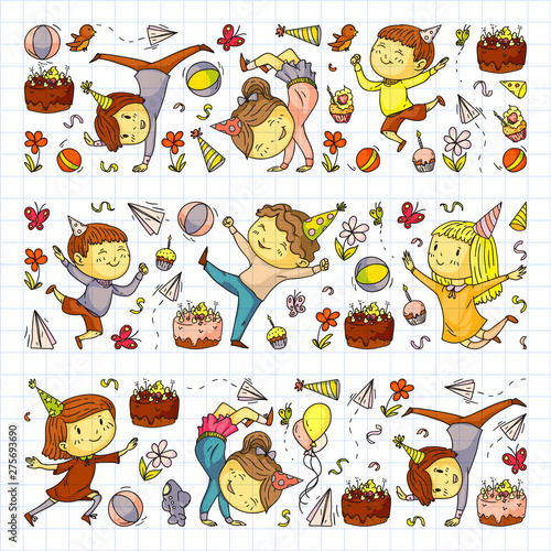 Vector illustration in cartoon style, active company of playful preschool kids jumping, at a party, birthday. Drawing on squared notebook. © Cepheia