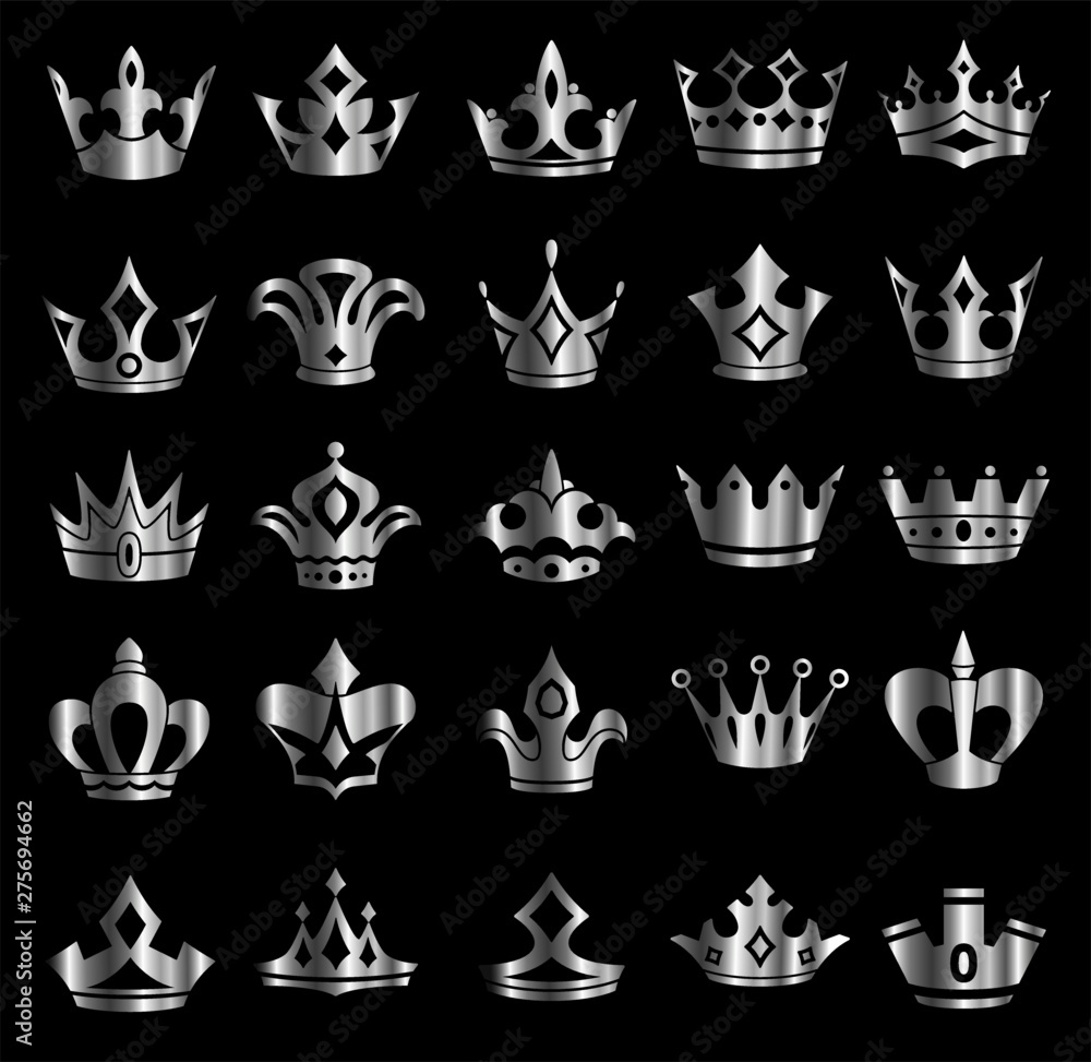 Silver Crowns Set - Set of silver crowns icons. Colors in gradients are global, so they can be changed easily. Each element is grouped individually for easy editing.