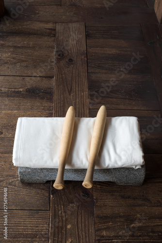 Korean ironing tool, dadumee which consists of dadumee stone and two dadumee bats.