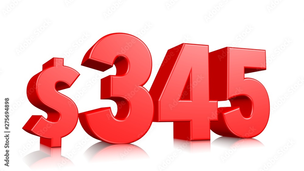 345$ Three hundred and forty five price symbol. red text number 3d render with dollar sign on white background 345$ Three hundred and forty five price symbol. red text number 3d render with dollar sign on white background