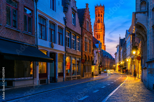 Old street in Bruges  Brugge   Belgium. Night cityscape of Bruges. Typical architecture of Bruges