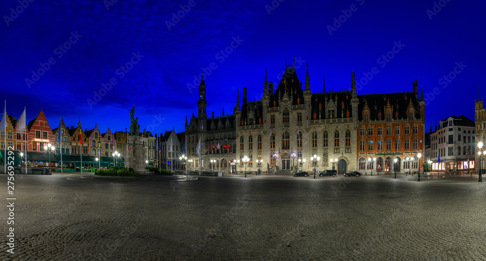 Markt (Market Square) and Provinciaal Hof (Province Court) in Bruges (Brugge), West Flanders province, Belgium. Night cityscape of Bruges.