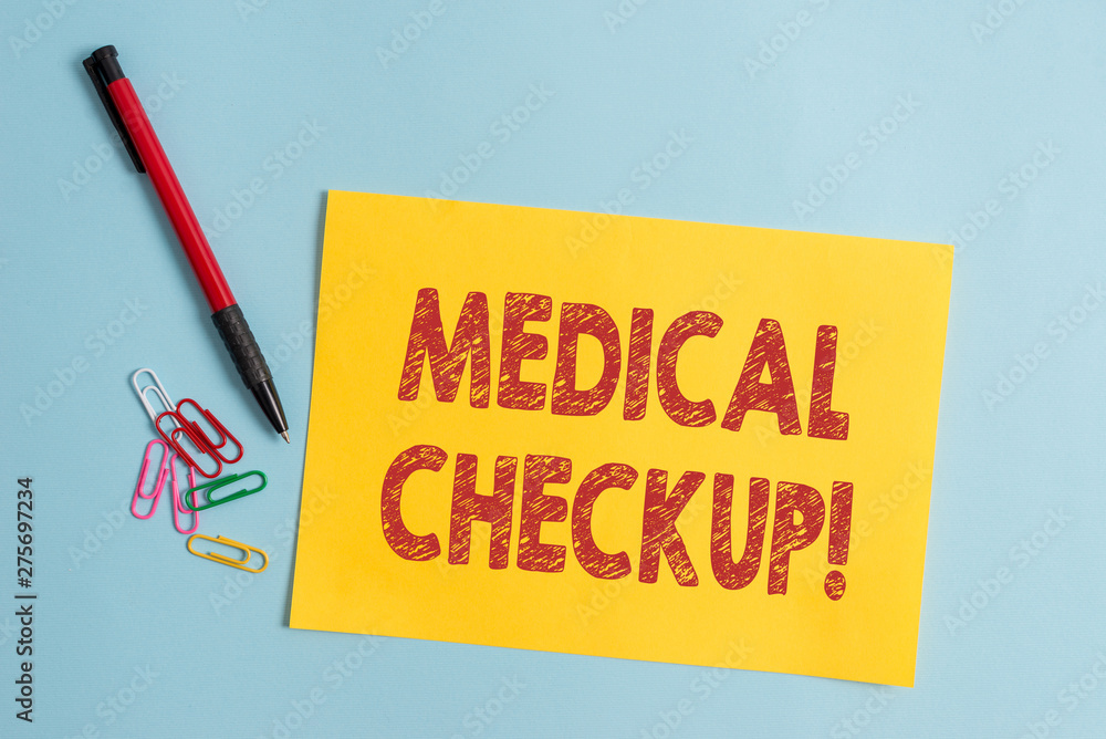 Handwriting text Medical Checkup. Conceptual photo thorough physical examination includes variety of tests Plain cardboard and writing equipment placed above pastel colour backdrop Handwriting text Medical Checkup. Conceptual photo thorough physical examination includes variety of tests Plain cardboard and writing equipment placed above pastel colour backdrop