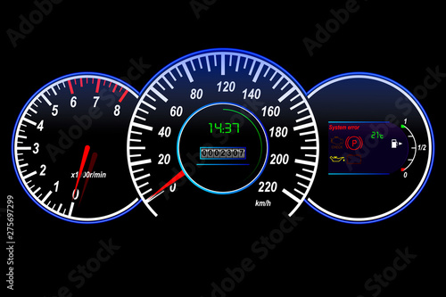 Car dashboard-speedometer, tachometer, odometer, temperature and fuel sensor, vector illustration