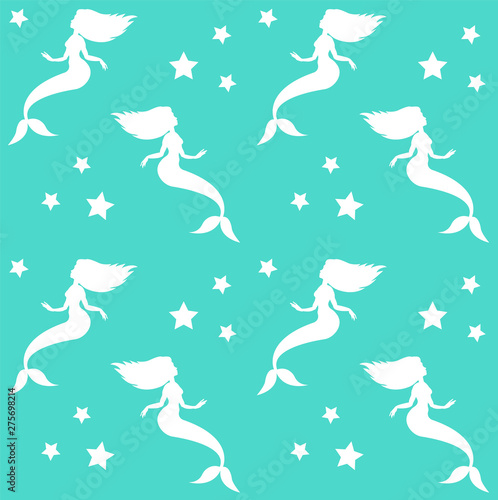 Vector seamless pattern of white mermaid silhouette and stars isolated on mint background