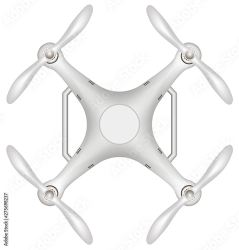 Drone, quadcopter top view. Isolated on a white background. Modern automatic drone. Aero photography. Unmanned aerial vehicle.