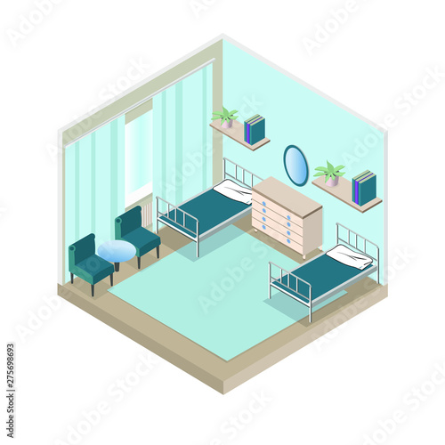 Isometric Hospital Room Blue colour with beds and chairs Vector.