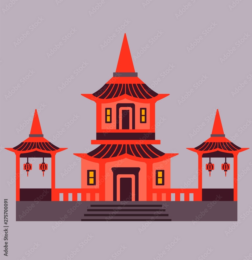 Chinese pagoda in red color. Chinese lanterns. Colorful illustration vector. Asian architecture