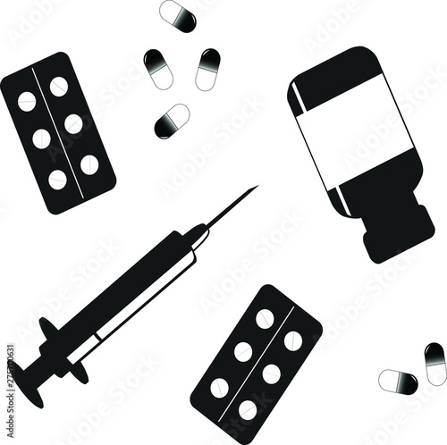 scattered medicines, syringes, pills, capsules, jar, vector graphics