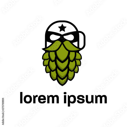 vector illustration logo icon character beer beard hops man head super hero mask green color in flat cartoon style design